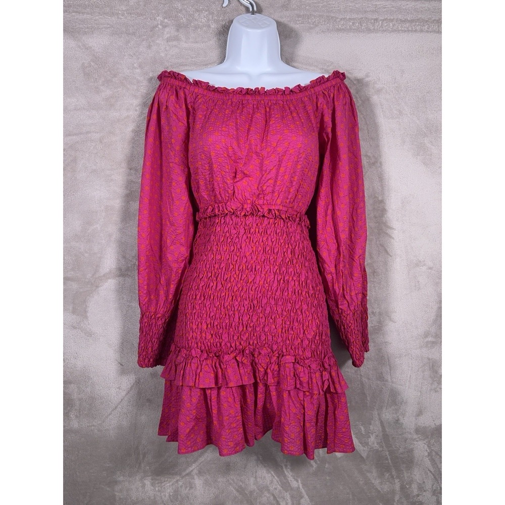Alexis Marilena Smocked Dress Womens Small Pink Polka Dot Off Shoulder